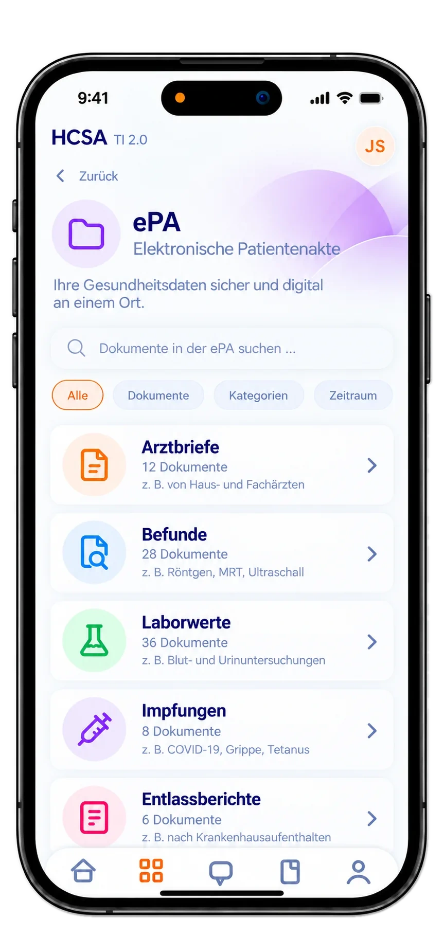 HCSA TI 2.0 iPhone-UI-Konzept für ePA