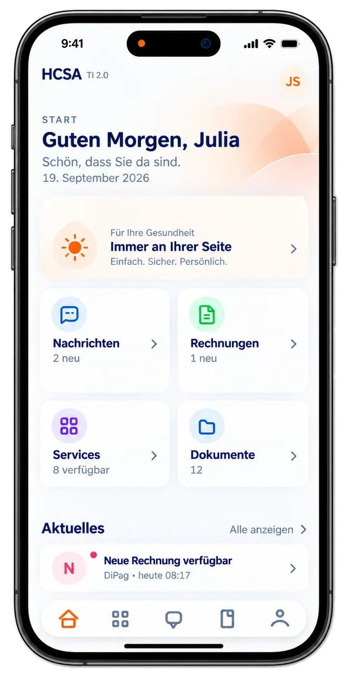 HCSA TI 2.0 iPhone home screen, conceptual view with synthetic data