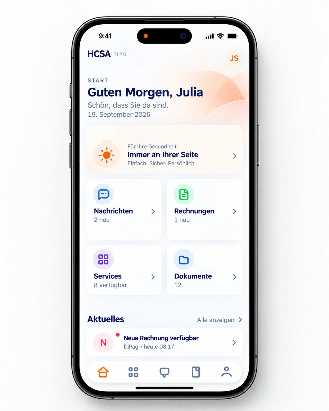 HCSA TI 2.0: iPhone-Ansicht des mobilen UI-Konzepts