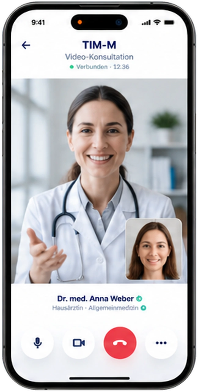 TIM-M iPhone video consultation with synthetic doctor and demonstration data; illustrative UI concept only