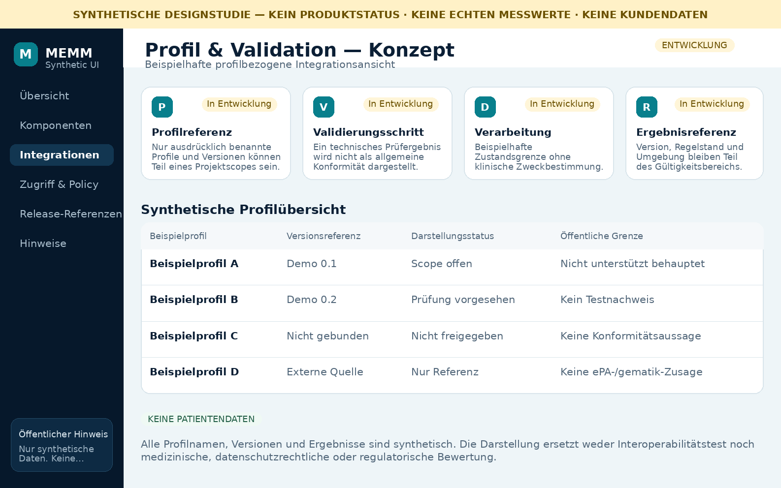 Synthetische FHIR®-nahe Konzeptansicht ohne reale Konformitäts- oder Prüfergebnisse